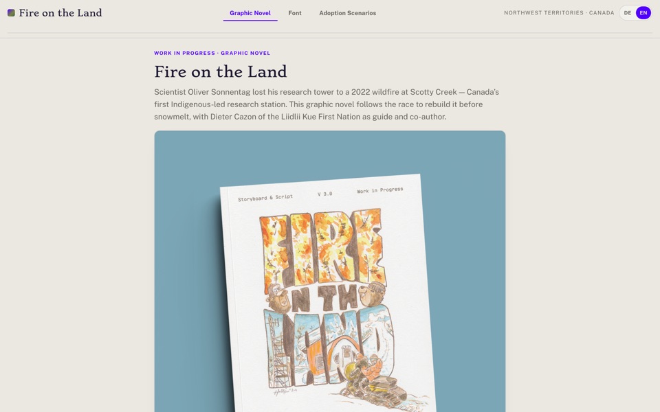 Fire on the Land graphic novel page with the storyboard and script cover