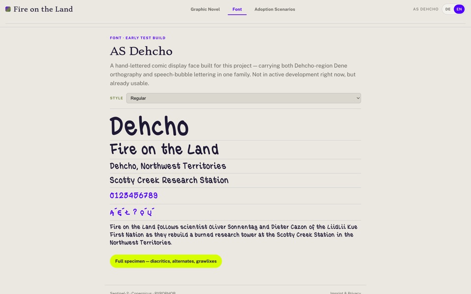 AS Dehcho specimen page showing the hand-lettered display face and Dene diacritics