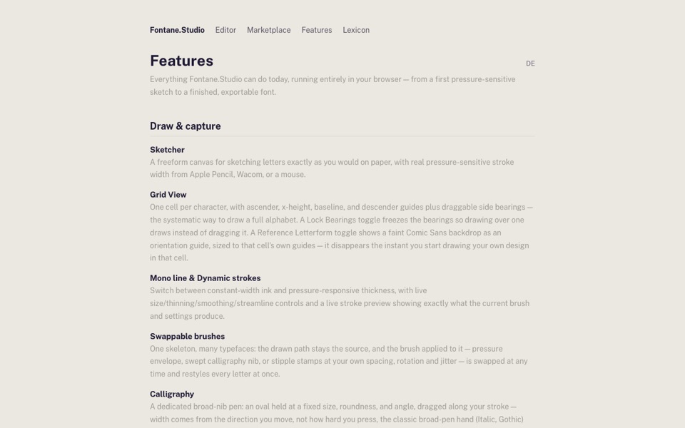 Fontane features marketing page