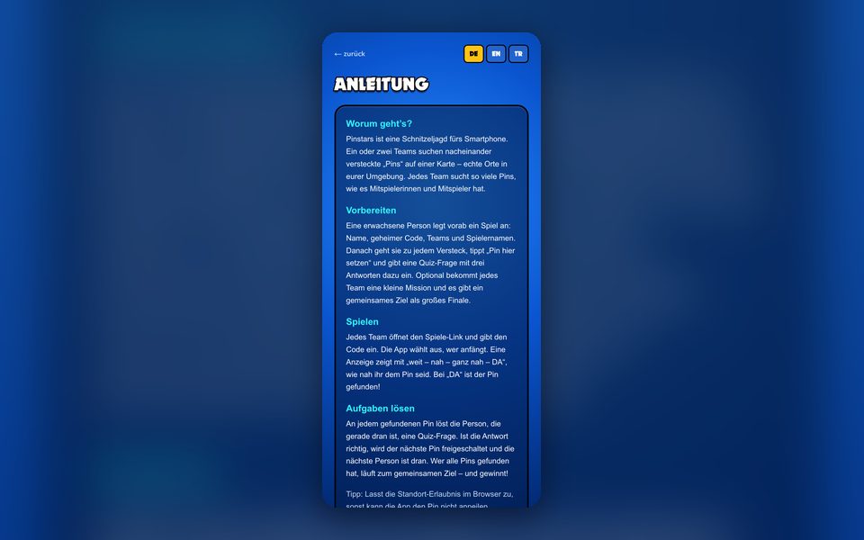 Pinstars instructions explaining preparing, playing and solving the quiz tasks