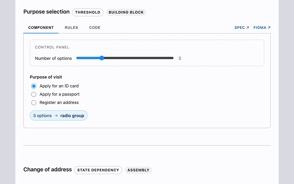 Waitingroom workbench: the Purpose selection component with a control panel driving its option count past the radio-to-select threshold