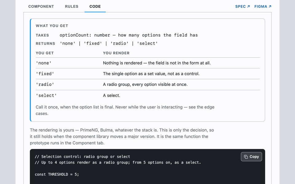 The Code tab: a What-you-get contract listing takes, returns and what to render per value, above the framework-neutral snippet
