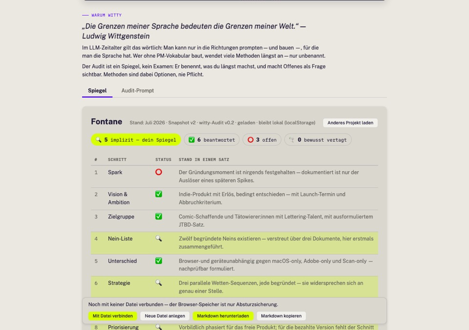 Witty PM audit overview table for the Fontane demo project